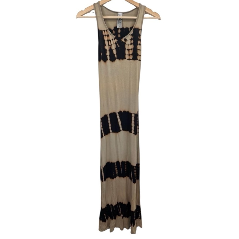Go couture Maxi Fitted Dress Size L Tan Black Sleeveless Racerback Tie-Dye Boho